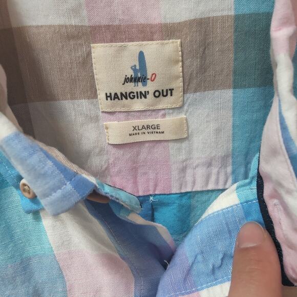 Johnnie-O Men's Sz XL Pastel Plaid Linen Blend Short Sleeve Button Down Shirt - Picture 2 of 7